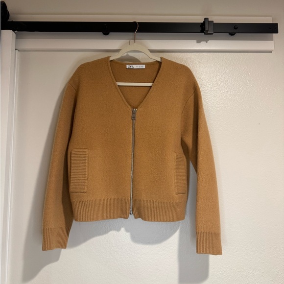 Zara Zippered Wool Bomber | Taupe Brown | Size S - Picture 3 of 5